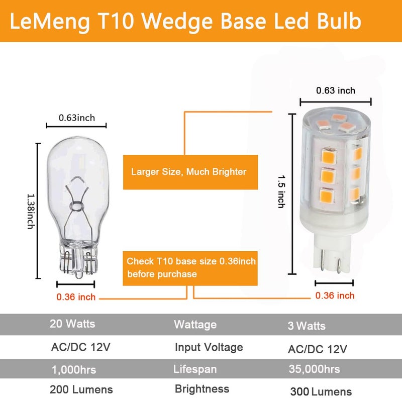 LeMeng 3W T10 Wedge Base 921 LED Light Bulb,2700K Warm White,12VAC/DC Landscape Garden Patio Path Driveway Malibu,Automotive Car RV Camper Trailer Motorhome Marine Boat Dome Fixture Lighting-6 Pack - Image 2